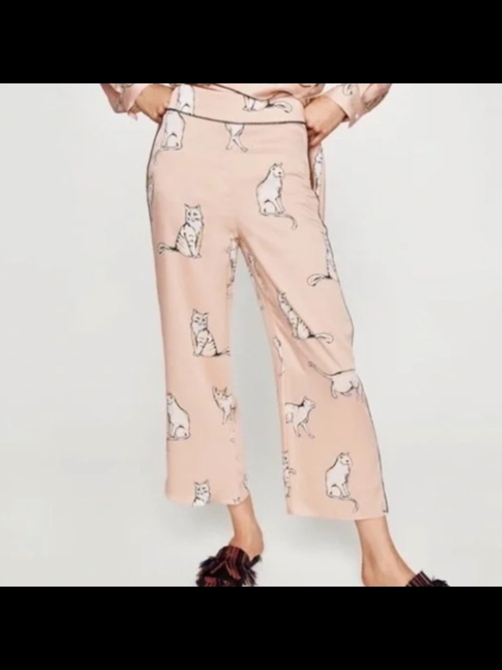 Zara Pink Cat-Print Cropped Wide-Leg Pants